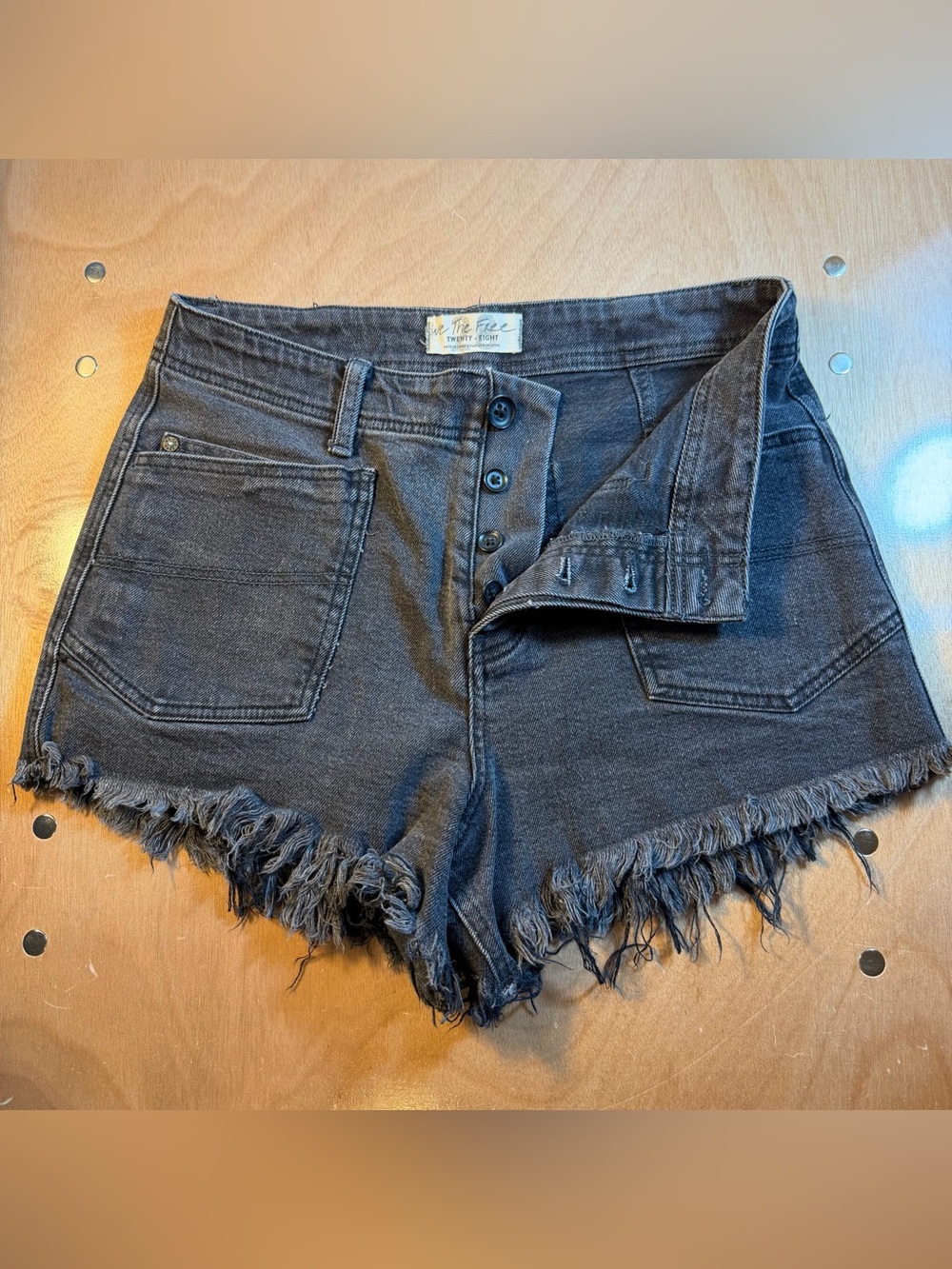 Free People Black Distressed Button-Front Denim Shorts